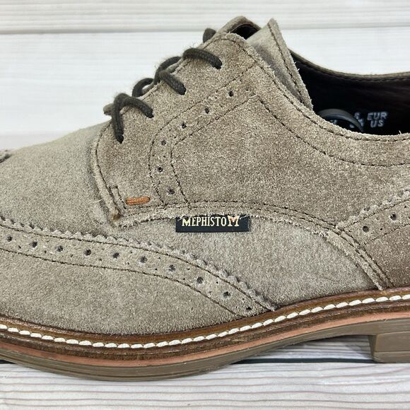 Mephisto Air Jet Derby Mens 8.5 Tan Brown Suede Wingtip Brogue Oxford Dress Shoe - Picture 4 of 14